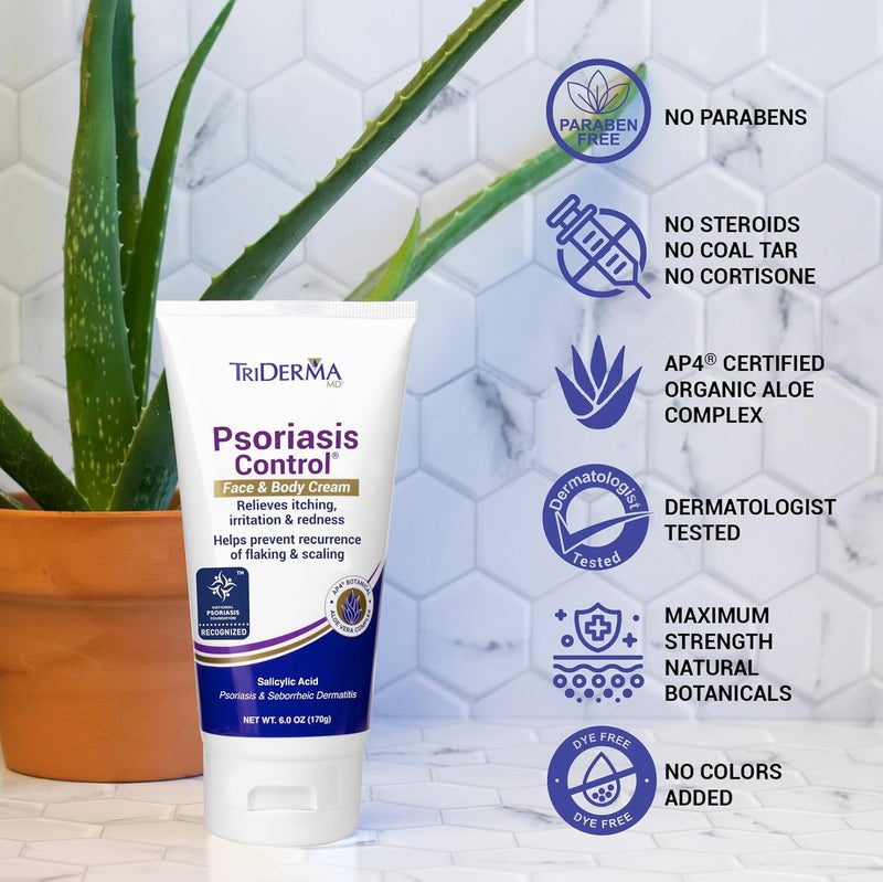 TriDerma كريم التحكم في الصدفية للوجه والجسم - قوة قصوى 3% حمض الساليسيليك، جل الألوة فيرا AP4، كريم يوريا - علاج مرطب إضافي، بدون كورتيزون أو قطران الفحم - مؤهل لـ FSA - 6 أونصات - Image 3